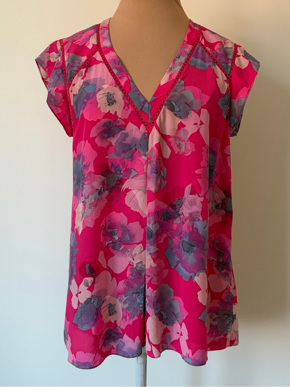 Rebecca Taylor Floral Silk V-Neck Cap Sleeves Lattice Lace Pink Blouse Top EUC 0